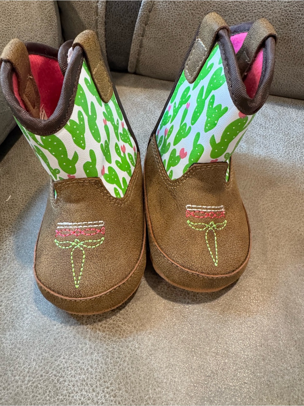Ariat Brown Kids Cowboy Boots with Green Cactus and Pink Accents